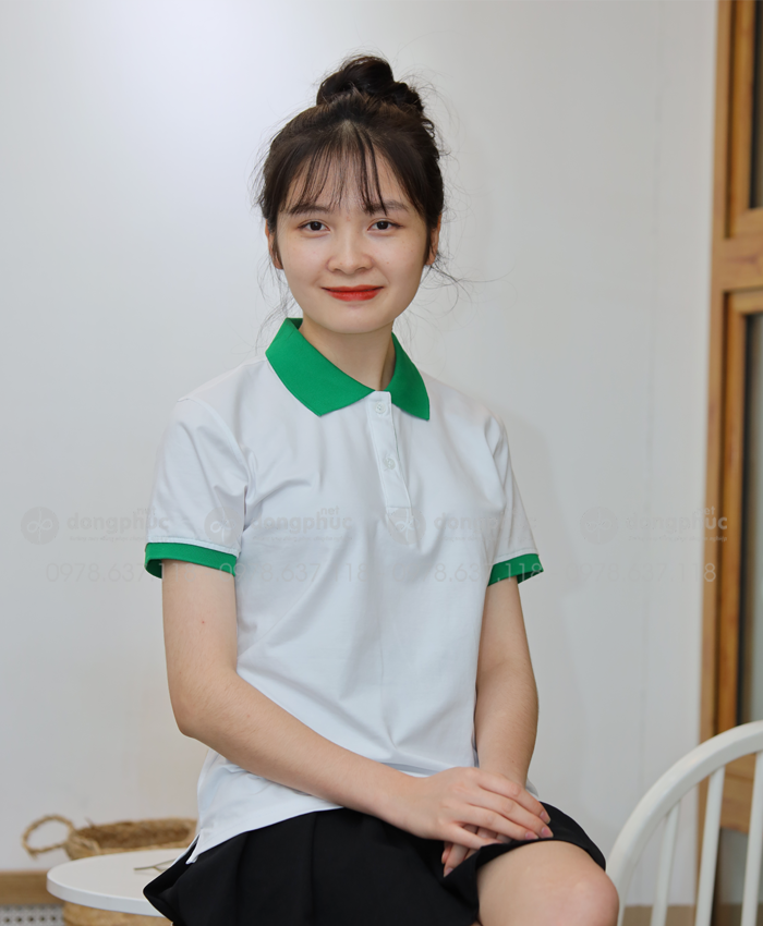 Áo polo trắng cổ xanh lá