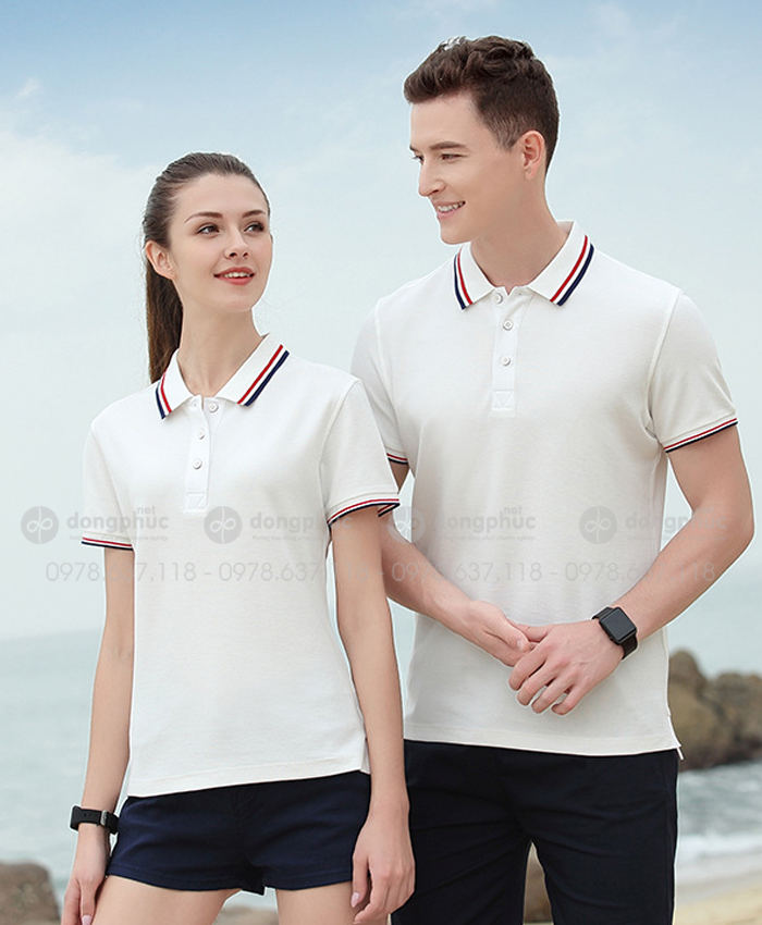 Áo polo trắng - viền cổ đen đỏ