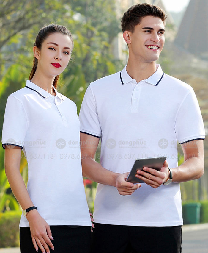 Áo polo trắng viền xanh đen