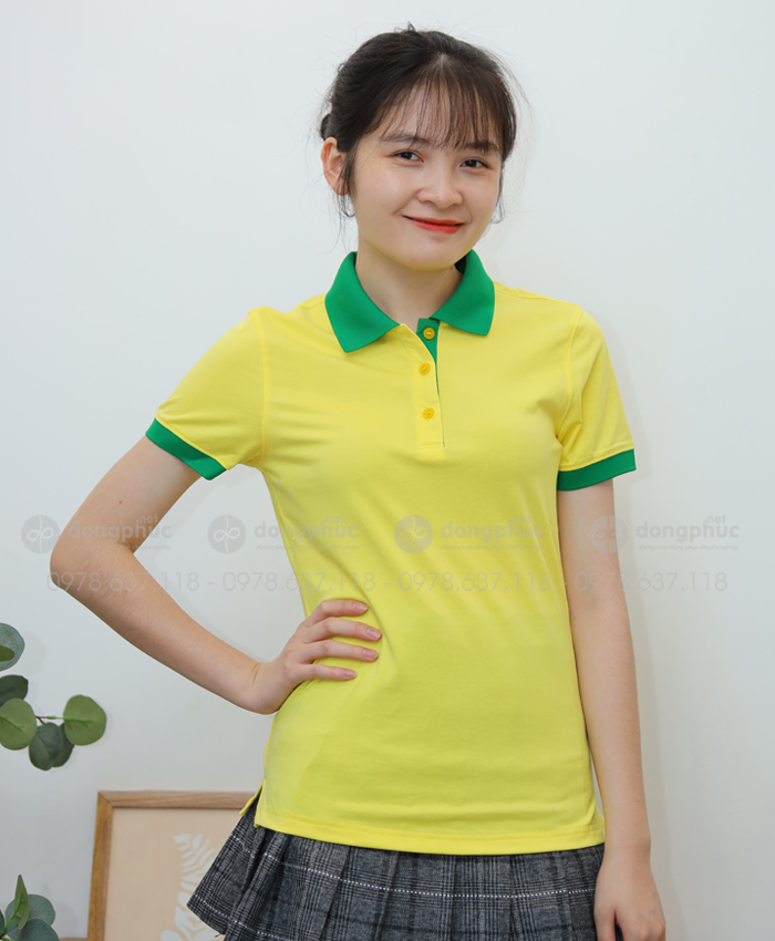 Áo polo vàng cổ xanh lá