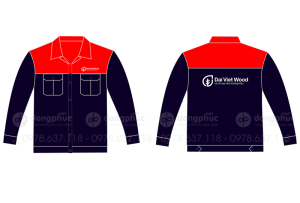 May và in áo bảo hộ Công ty Dai Viet Wood màu xanh đen phối cam