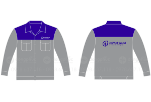 May và in áo bảo hộ Công ty Dai Viet Wood màu ghi phối xanh dương