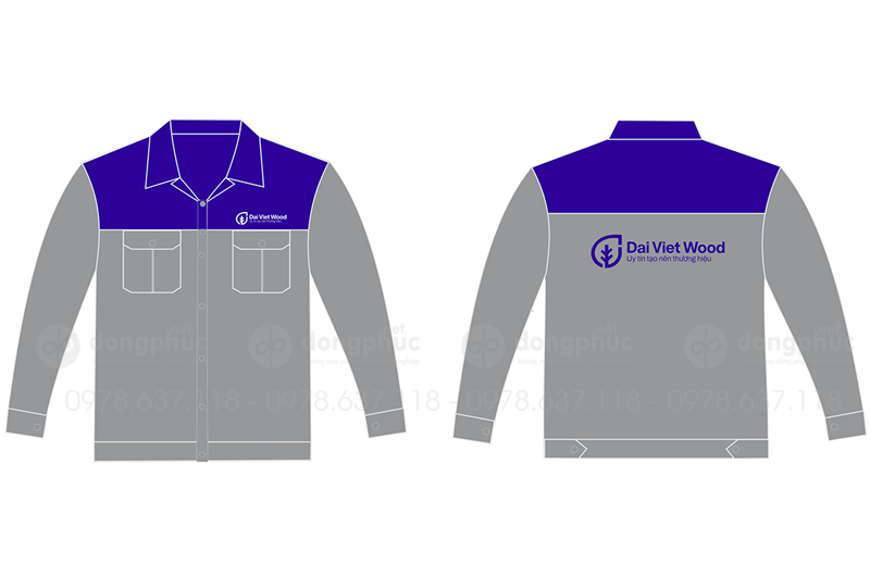 May và in áo bảo hộ Công ty Dai Viet Wood màu ghi phối xanh dương