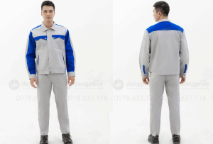 May và in đồng phục bảo hộ màu ghi phối xanh dương