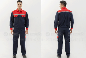 May và in đồng phục bảo hộ màu xanh đen phối đỏ