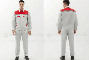 May và in đồng phục bảo hộ màu ghi sáng phối đỏ