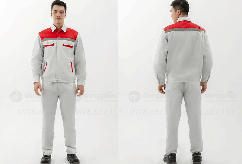 May và in đồng phục bảo hộ màu ghi sáng phối đỏ