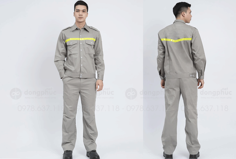 May và in đồng phục bảo hộ màu ghi sáng phối vàng