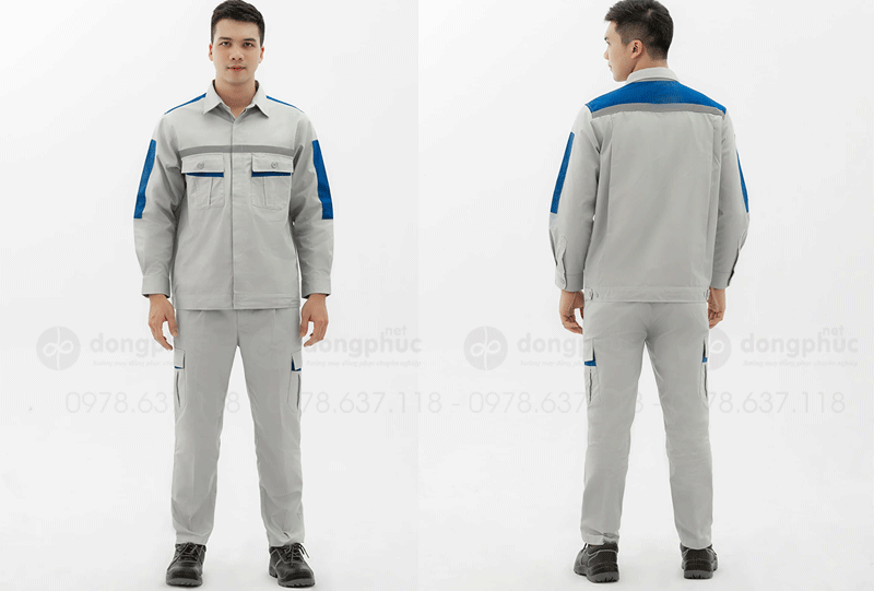 May và in đồng phục bảo hộ màu ghi sáng phối xanh YA