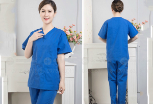 May và in đồng phục y tế màu xanh dương