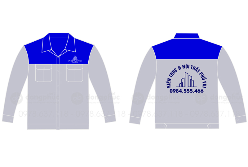 May và in áo bảo hộ màu xám phối xanh dương Công ty kiến trúc nội thất Phố Vui
