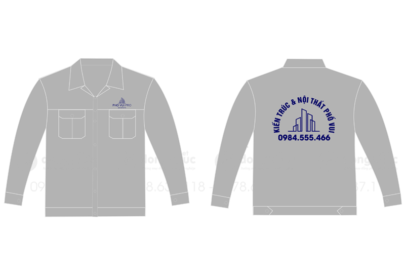May và in áo bảo hộ màu xám Công ty Kiến trúc nội thất Phố Vui