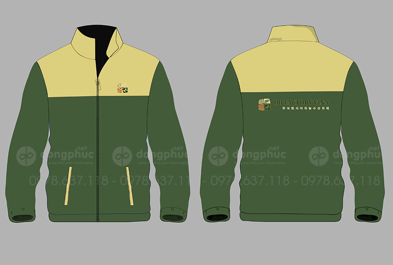 May và in áo khoác màu xanh lá cây phối vàng Iri Factory Vina