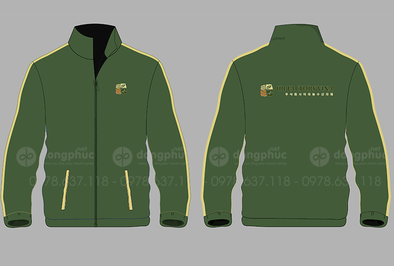 May và in áo khoác màu xanh Iri Factory Vina