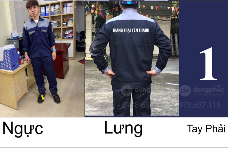 May và in đồng phục bảo hộ màu xanh đen Trang trại Yên Thanh