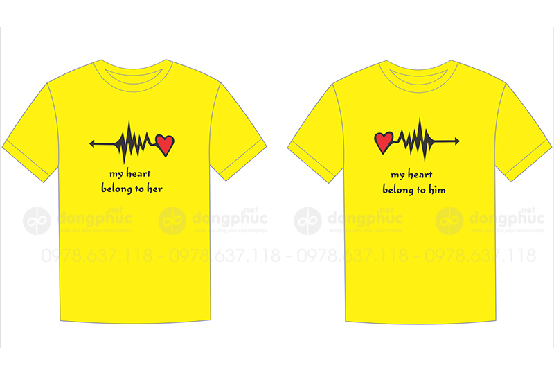 May và in áo phông màu vàng My heart belong to her - him