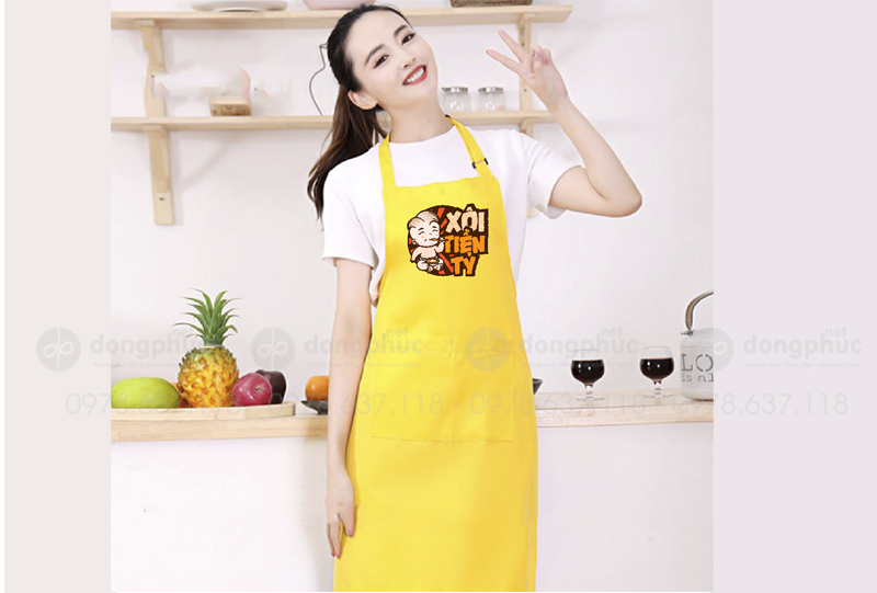 May và in tạp dề màu vàng Quán Xôi tiền tỷ