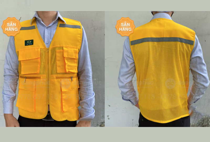 May và in áo gile đồng phục màu vàng