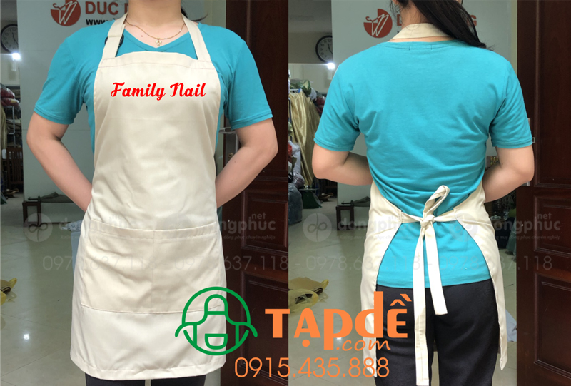 May và in tạp dề màu kem Tiệm Family Nail