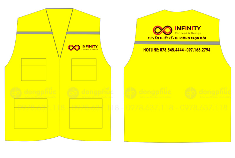 May và in áo gile đồng phục màu vàng Công ty tư vấn Infinity