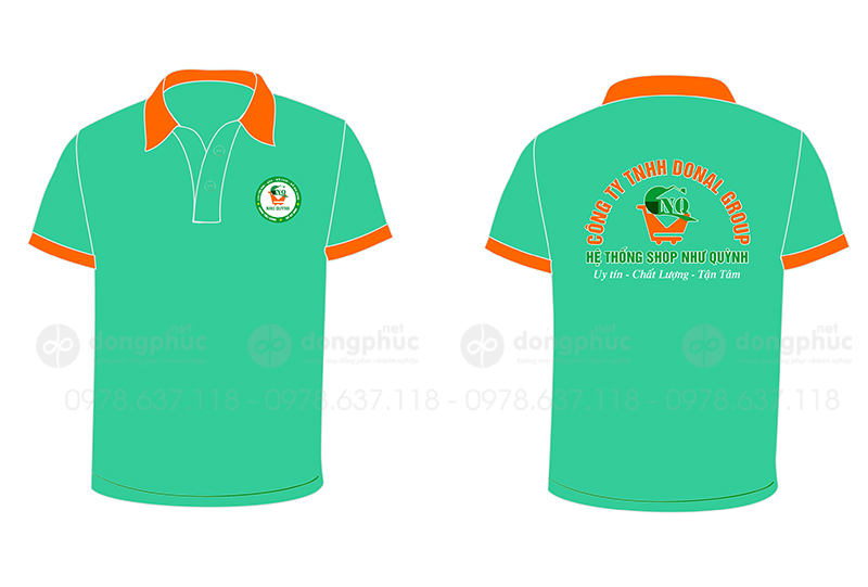 May và in áo phông cổ bẻ màu xanh ngọc Công ty Donal Group