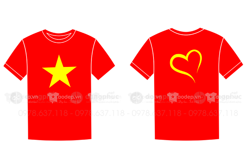 May và in áo phông cổ tròn màu đỏ sao vàng