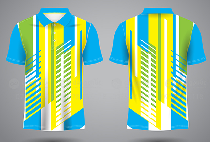 May và in áo phông đồng phục màu vàng phối xanh da trời