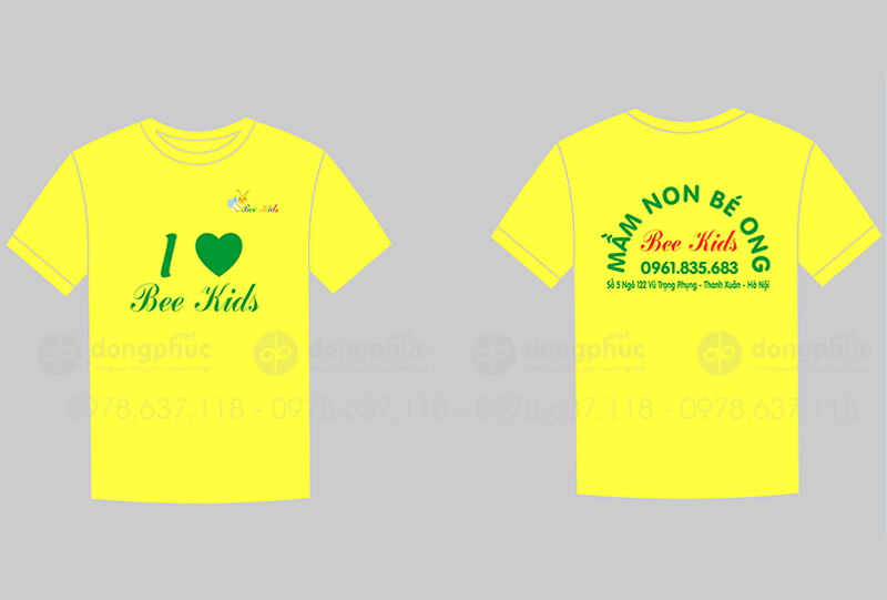 May và in áo phông màu vàng Trường mầm non Bé Ong