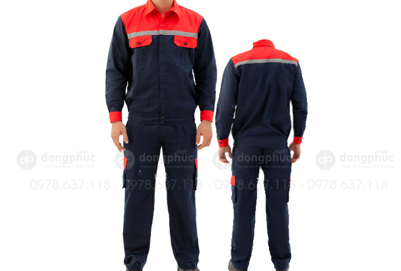 May và in đồng phục bảo hộ màu tím than phối đỏ