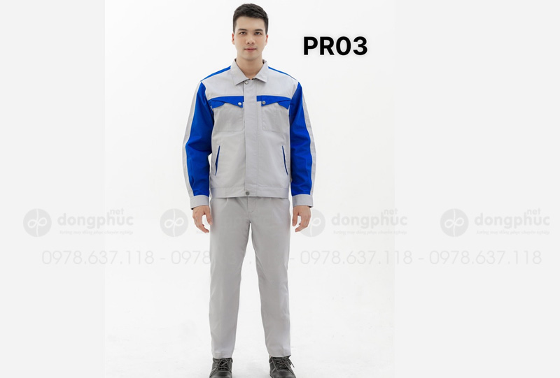 May và in đồng phục bảo hộ màu ghi sáng phối xanh dương