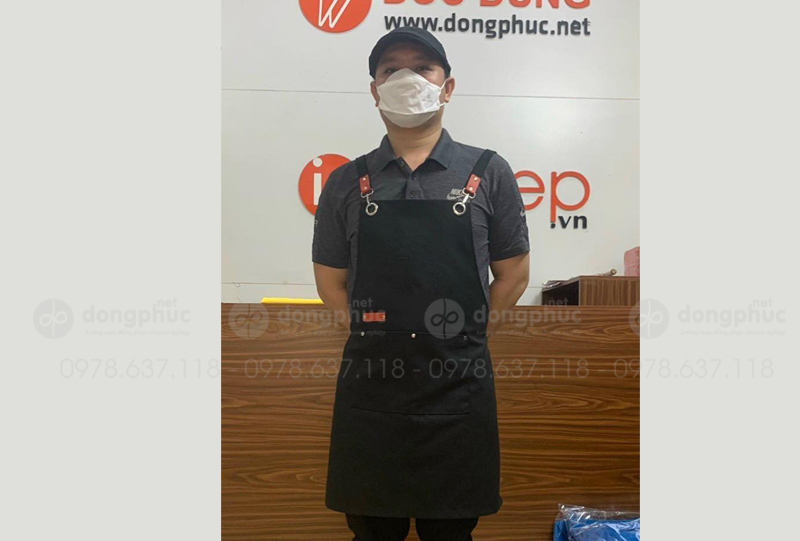 May và in tạp dề màu đen phối da