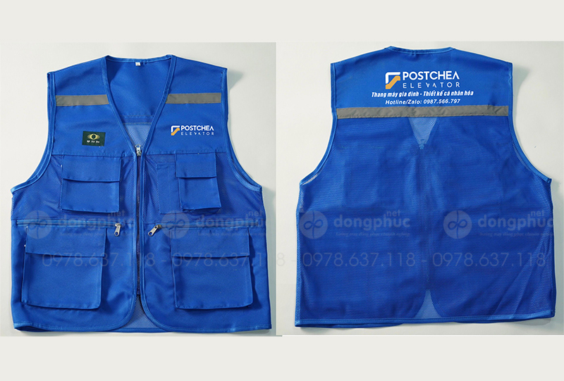 May và in áo gile màu xanh dương Công ty Postchea Elevator