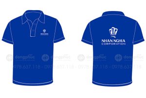 May và in áo phông cổ bẻ màu xanh dương Công ty Nhân Nghĩa Corporation