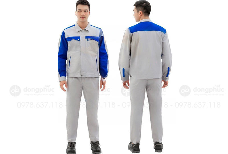 May và in đồng phục bảo hộ màu ghi phối xanh dương