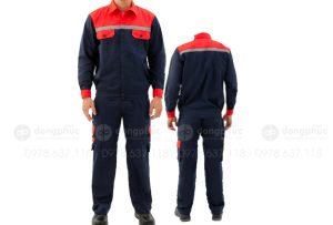 May và in đồng phục bảo hộ màu tím than phối cam đỏ