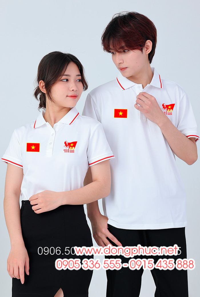 May và In áo màu trắng In lá cờ đỏ sao vàng kỉ niệm 80 năm Cách mạng tháng 8 - Quốc Khánh 2-9